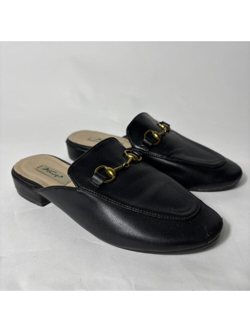 Black Leather Horsebit Mule Loafers Vintage Slip On Flats Size 35